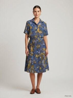 Vintage 90s Phool Blue Yellow Leaf Print Skirt Suit Set M NWT